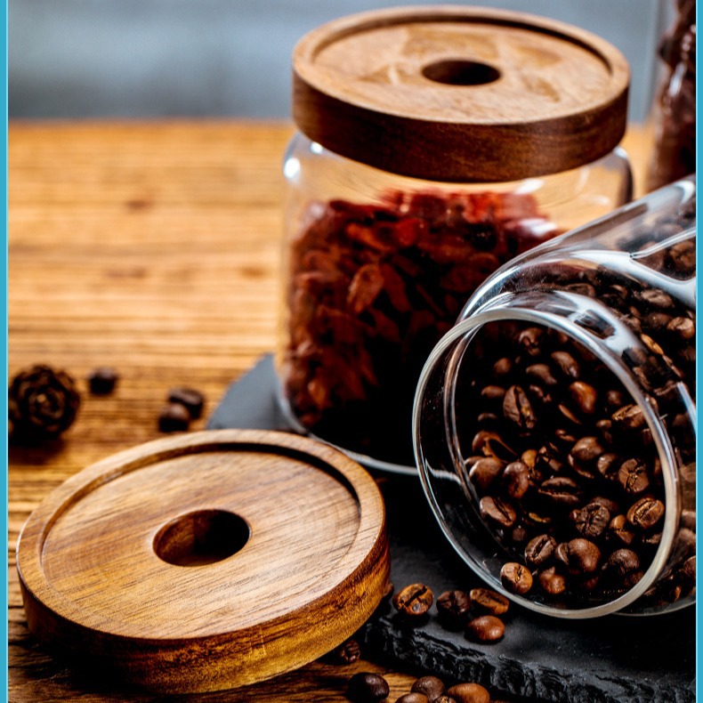 Acacia vidrio de almacenamiento tanque de alimentos granos granos café té vidrio sellado tanque de almacenamiento transparente sellado