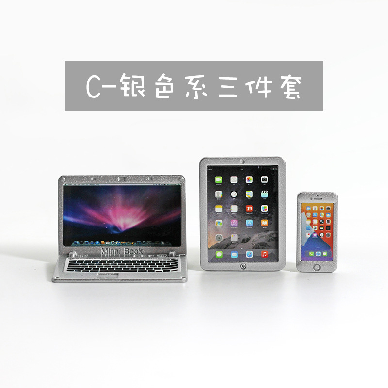 Accesorios de casa de muñecas miniatura portátil plegable simulación mini computadora tableta teléfono modelo de tres piezas N122