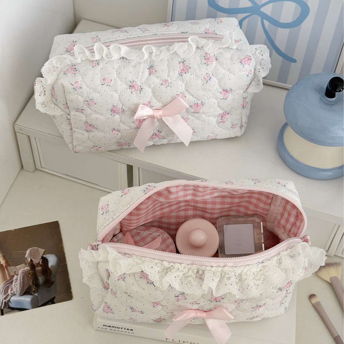 Cross-Border Pink Rose Sweetheart Storage Bag, High-Looking, Fresh and Pastoral Girly Heart, Large-Capacity Lace Edge Storage Bag