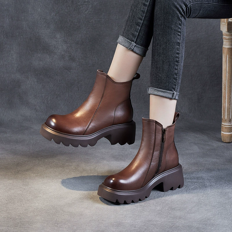 Винтажные Ботинки Челси из натуральной кожи, женские короткие сапоги из воловьей кожи на толстом каблуке с молнией сбоку, женские ботинки Martin на толстой подошве с круглым носком, одиночные ботинки