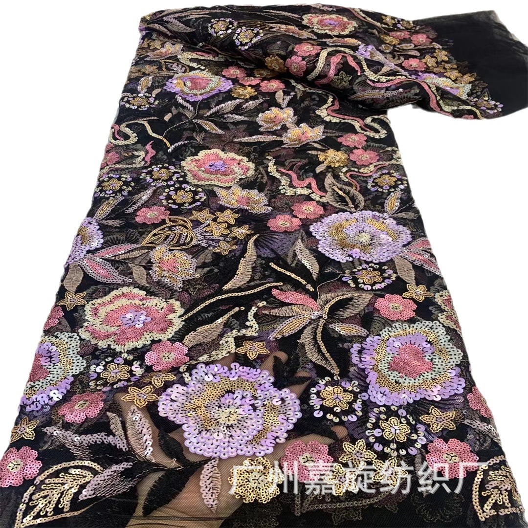 Tejido de bordado de cuentas pesadas tridimensional laminado bordado malla de encaje sequinado vestido diseñador tela