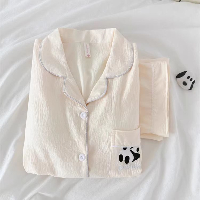 Primavera y verano nubes de algodón pareja pijama mujer panda dibujos animados bordados otoño hombre ropa de casa set comercio exterior al por mayor