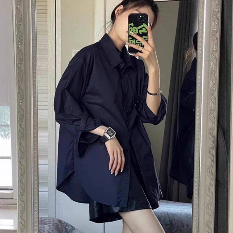 Jycccc Korean Style Navy Blue Shirt for Women in Spring & Fall, Lazy Style Design, Loose Slimming Look Long-Sleeved Versatile Sun Protection Shirt