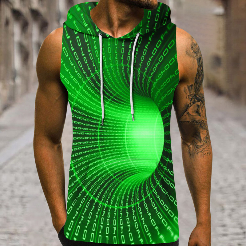 Foreign Trade Cross-Border Amazon Aliexpress European and American Men's 3D Printed Sleeveless Hooded Vest Tpod One-Piece Custom