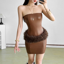 跨境欧美风2025秋季新款女装毛绒包臀短款紧身辣妹风连衣裙套装