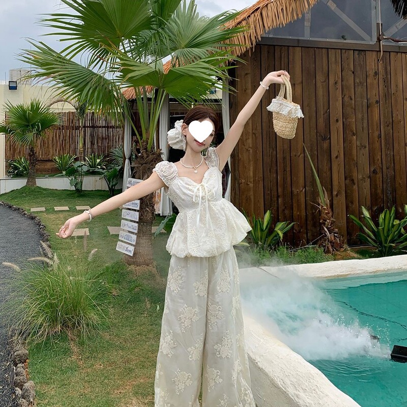 法式系带显瘦花苞蕾丝衫高腰阔腿休闲长裤2025夏季新款时尚套装女|undefined