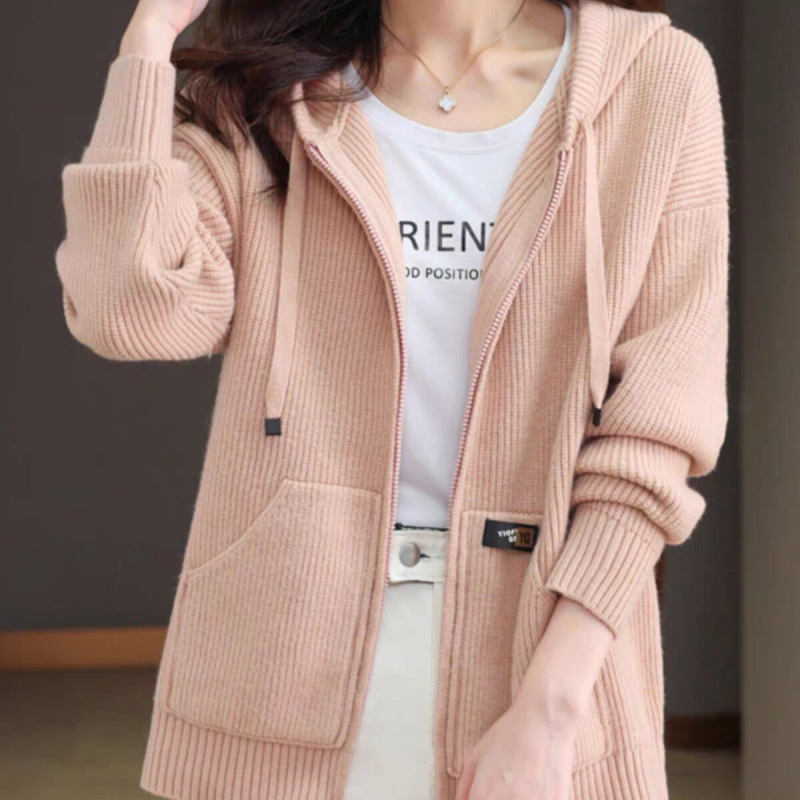 Cross-border 2025 new autumn and winter hooded sweater for women, loose and slimming, outerwear with hood, zippered knitted cardigan