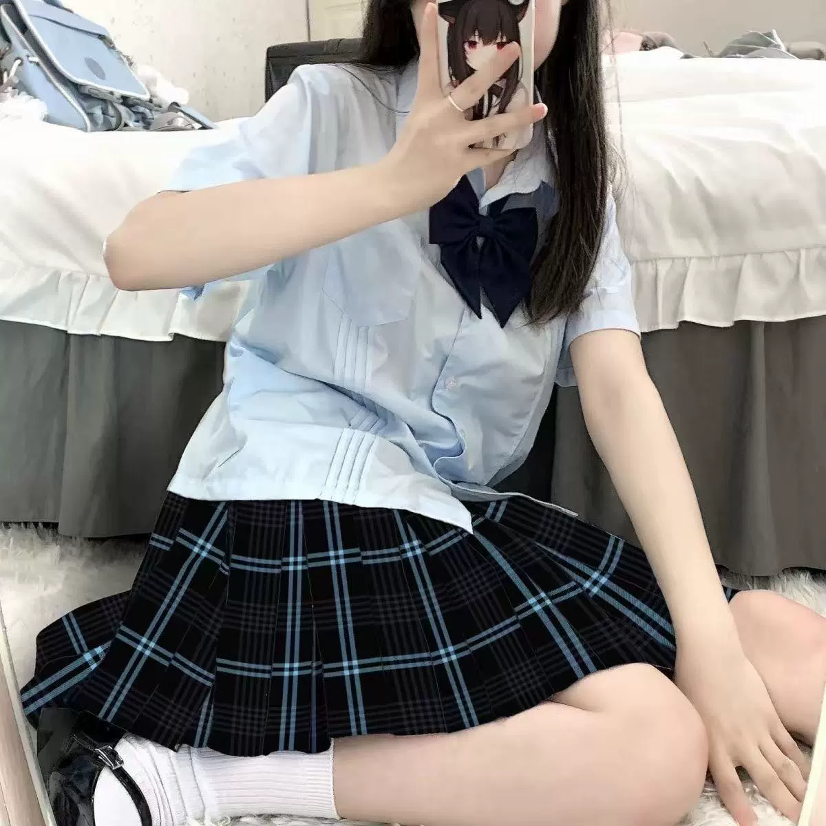 【Mist Blue Stream】Юбка Delanxi Twin в академическом стиле, черно-синяя, плиссированная, короткая, универсальная