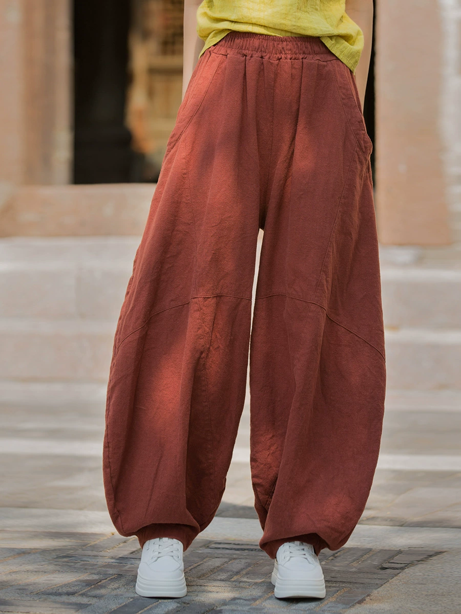 Демисезонные штаны, ретро-фонарик, Oversize, хлопок и лен