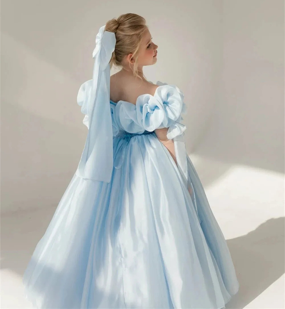 Abito da festa per bambini azzurro chiaro con spalle scoperte, elegante abito da principessa per compleanno, per esibizioni al pianoforte._voghion.com