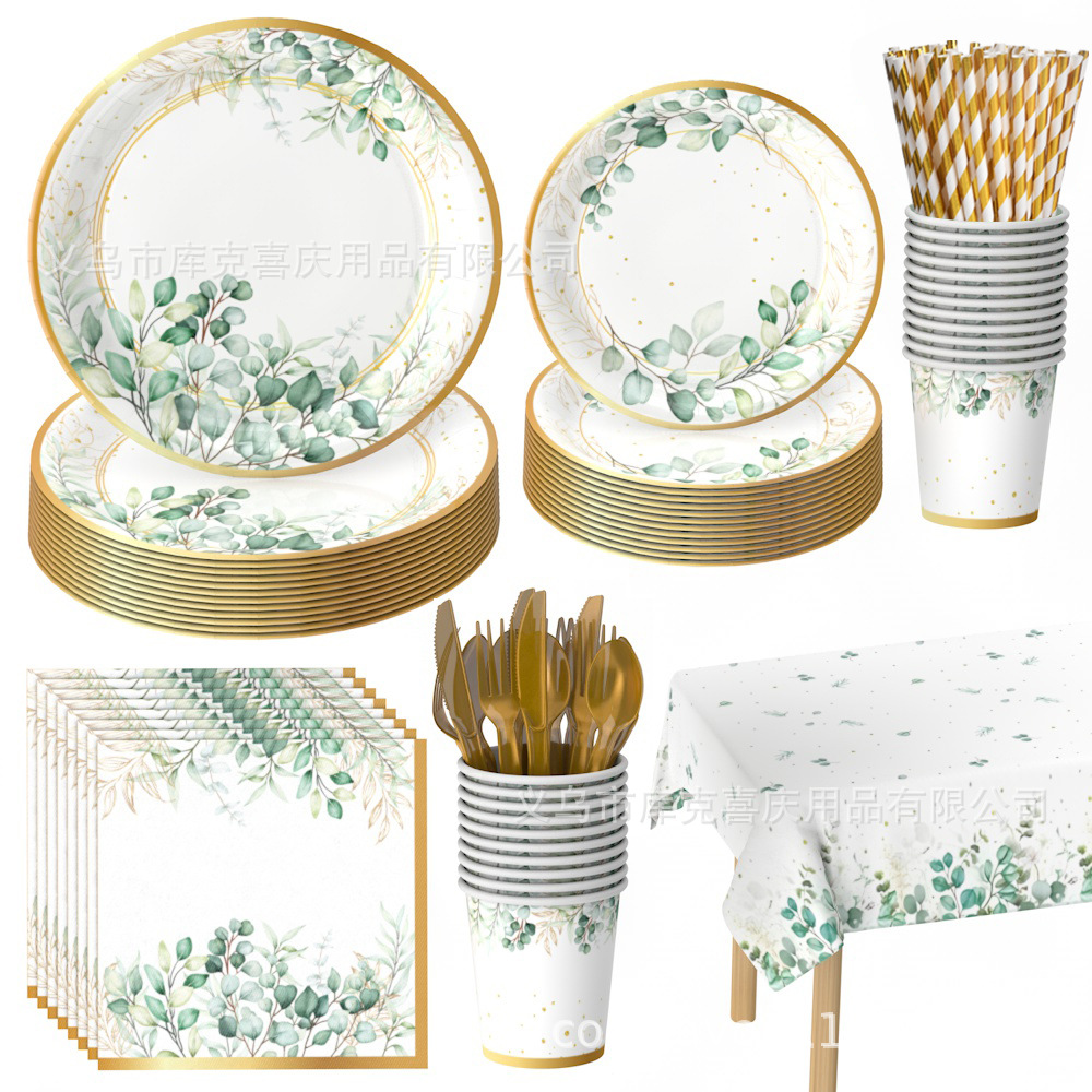 Transfronterizos eucalyptus bebés fiesta bandeja de papel salvia cubiertos bandeja de papel desechable taza de papel conjunto de toallas