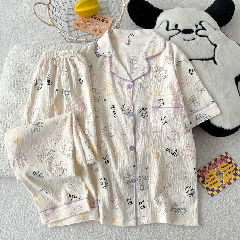 Al por mayor transfronterizo verano nubes pijamas de algodón de mangas cortas pantalones cardigan con solapa ropa de hogar lindos dibujos animados se pueden usar fuera