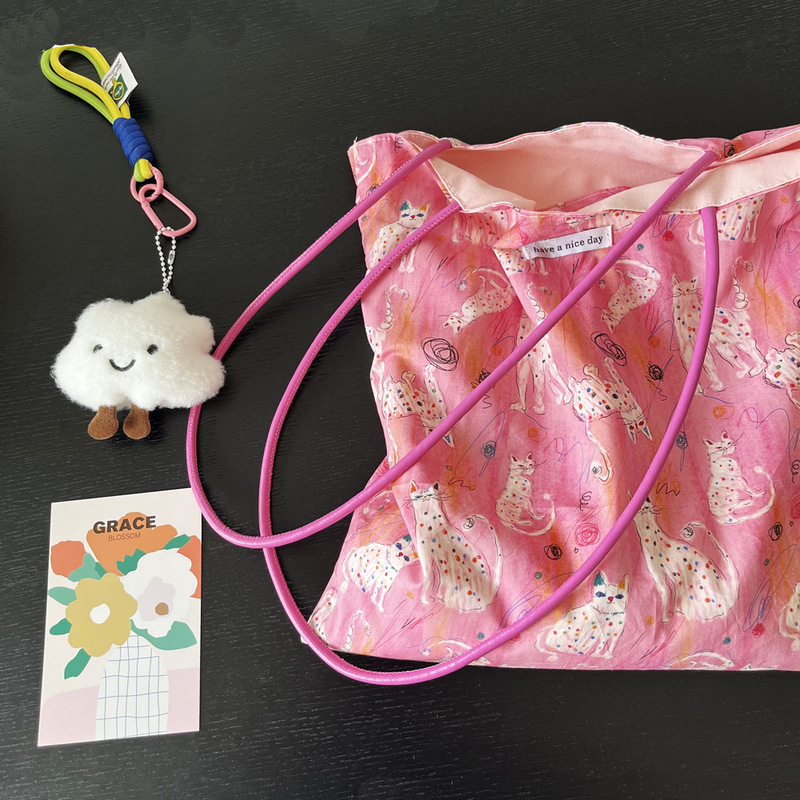Summer pink soft and cute cat bag, niche design PU shoulder strap single shoulder bag, cute little cat versatile canvas bag for women Summer pink soft and cute cat bag, niche design PU shoulder strap single shoulder bag, cute little cat versatile canvas bag for women