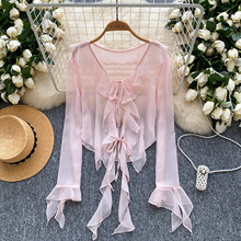 甜美外搭雪纺开衫外套女薄款透视荷叶边系带小披肩防晒罩衫夏季潮