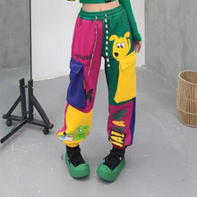 保暖大码卡通工装拼色卫裤女冬季新款设计感宽松大口袋加绒束脚裤