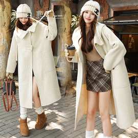 时尚连帽羊绒大衣女秋冬季新款宽松显瘦长款外套