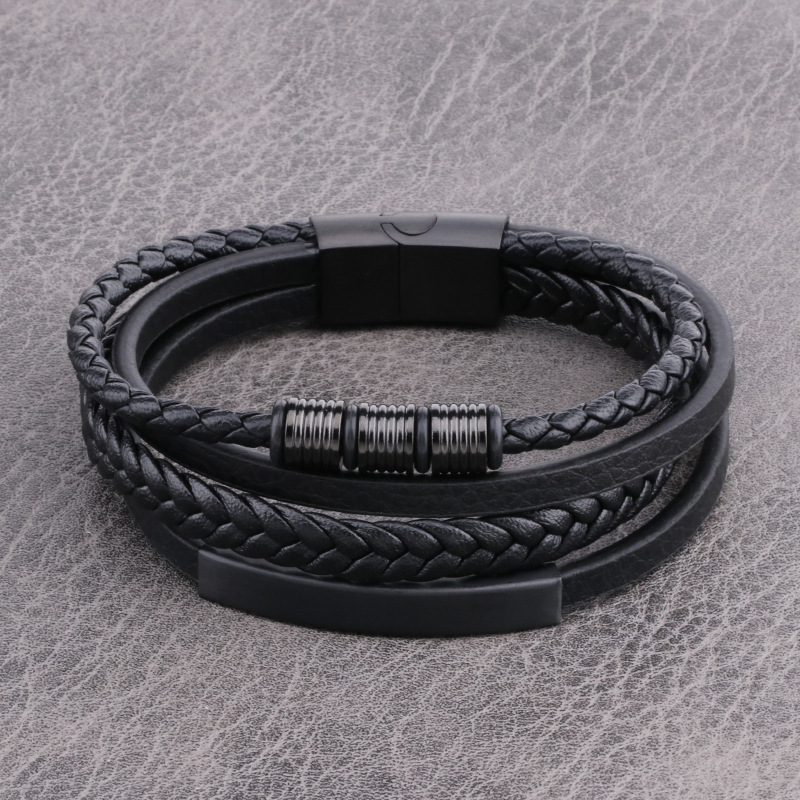 Daily Occasion Stainless Steel, Pu Leather Material Fashion Cross Rectangle Stainless Steel Pu Leather Braid Men's Bracelets Men Cord & Leather Bracelets