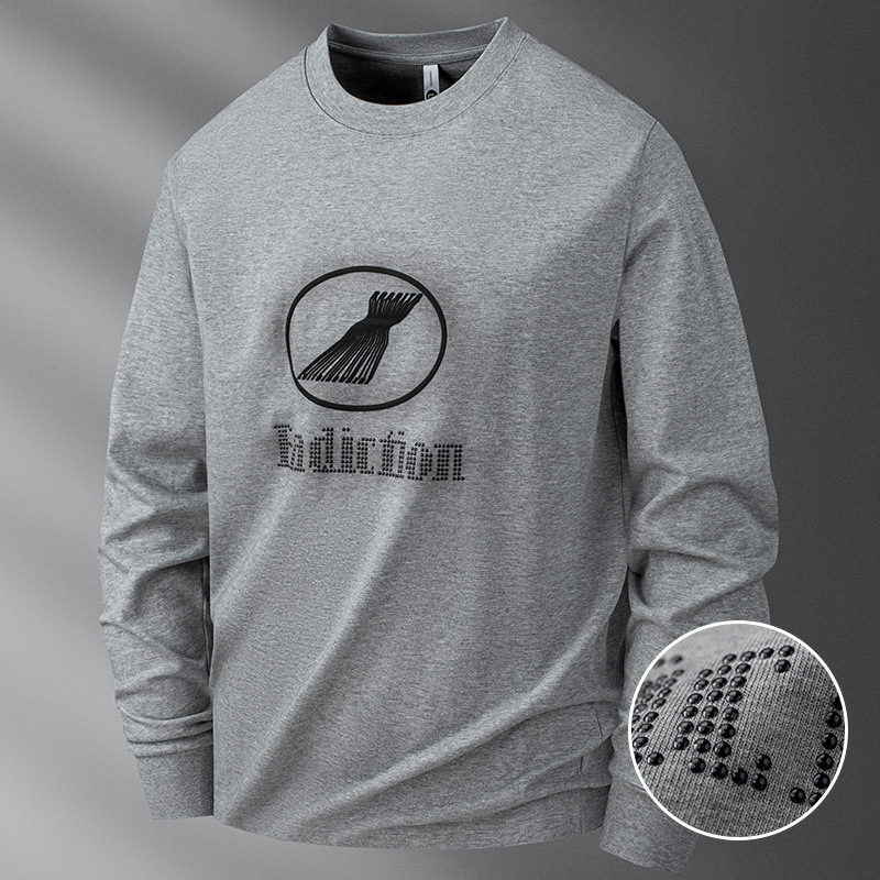 秋季时尚潮流重磅纯棉T恤男长袖宽松高端字母烫钻休闲圆领打底衫