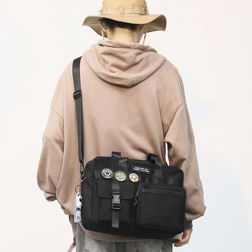 Men's Hong Kong trendy cool messenger bag double-buckle pocket crossbody bag women's Korean style workwear student shoulder bag couple's versatile large bag