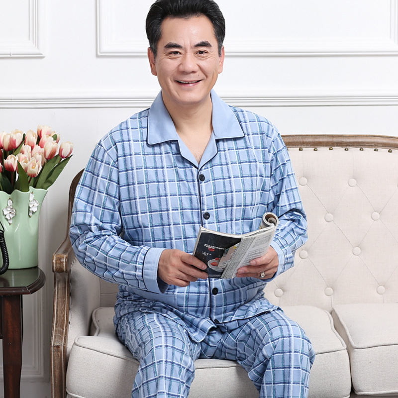 Pijama de mediana edad y ancianos primavera y otoño de los hombres 100% algodón de manga larga hogar ^ más el tamaño de mediana edad papá traje de dos piezas