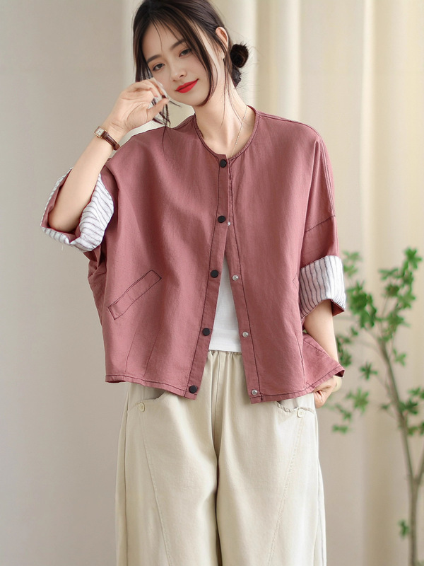 古咖服饰秋季纯色简约亚麻短外套女宽松遮肉短款显瘦纯色上衣|undefined
