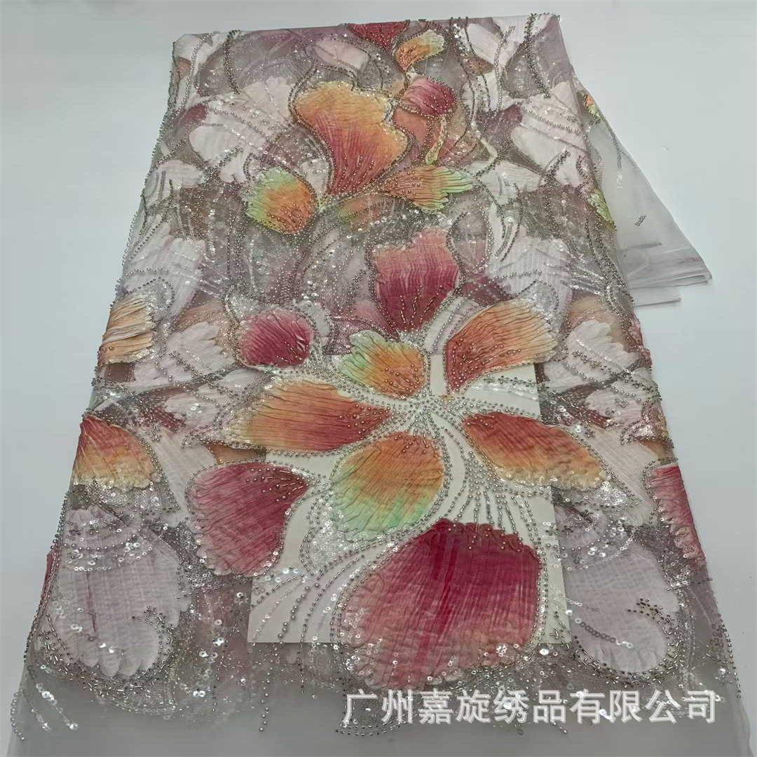 Nueva tela bordada de una sola cara con bordado tridimensional, tela de encaje de malla con cuentas hecha a mano, material para vestidos de novia del sudeste asiático y ropa de espectáculo.