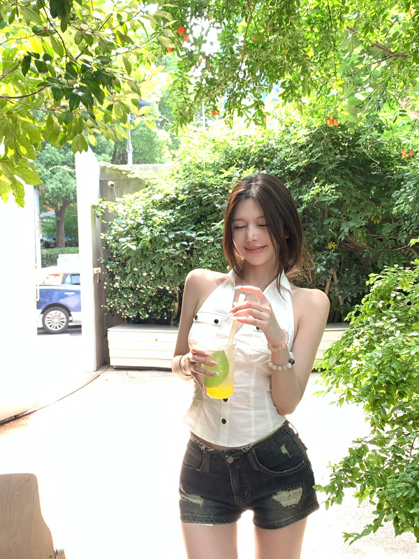 无袖衬衫女夏季美式复古工装挂脖白色小上衣|undefined