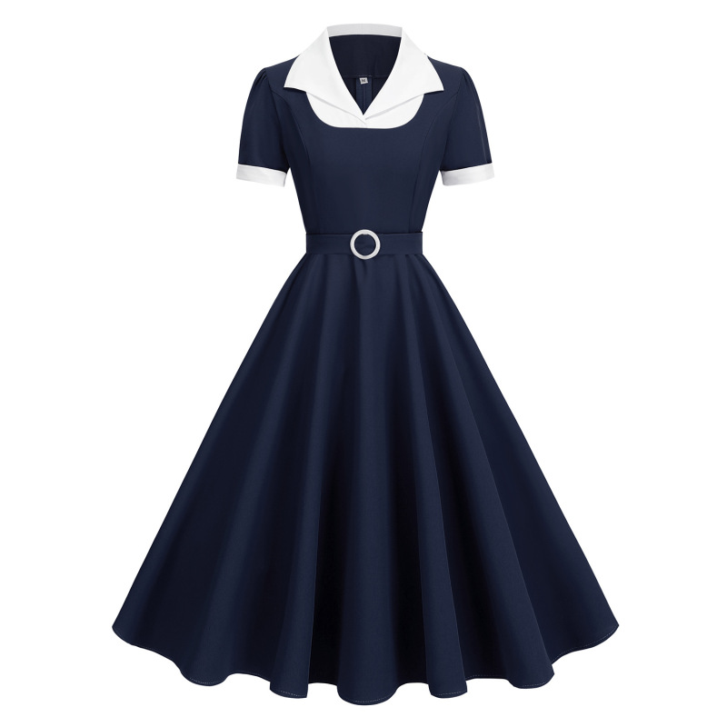 25 Autumn New Cross-Border 50S Hepburn Style Simple and Elegant Contrasting Color Lapel Work Clothing Fake Two-Piece Dress