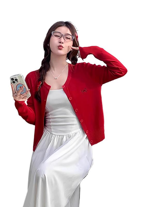 红色蝴蝶结刺绣长袖针织开衫女装2025秋季新款显瘦外穿毛衣小外套|undefined