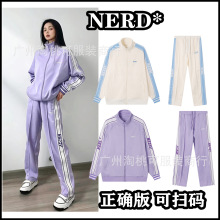 NERD*正确版23ss新款双印标夹心织带奶油色运动服男女款休闲套装