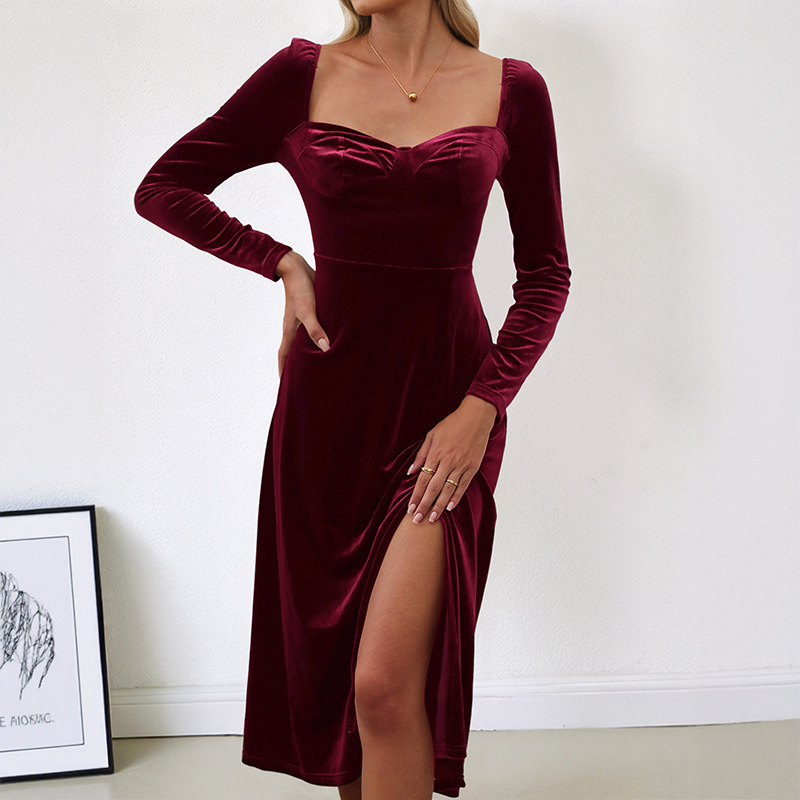 Tiktok Square-Neck Velvet Dress Women's Cross-Border European and American Tiktok Elegant Long-Sleeve Slit Mid-Length Dress Tiktok Square-Neck Velvet Dress Women's Cross-Border European and American Tiktok Elegant Long-Sleeve Slit Mid-Length Dress