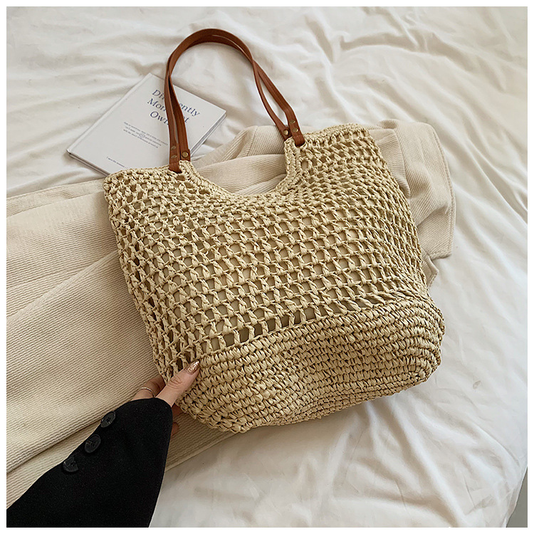 Seaside vacation 2024 new summer grass commuting tote bar large capacity handmade woven bag_voghion.com