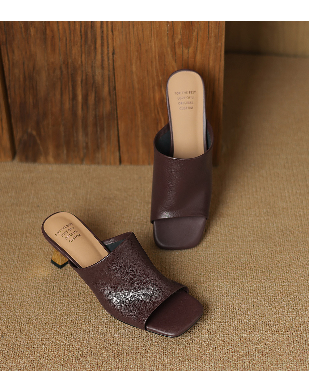 Sandal cao gót nữ mũi hở da cừu gót vuông 5 cm — đen chi tiết 15