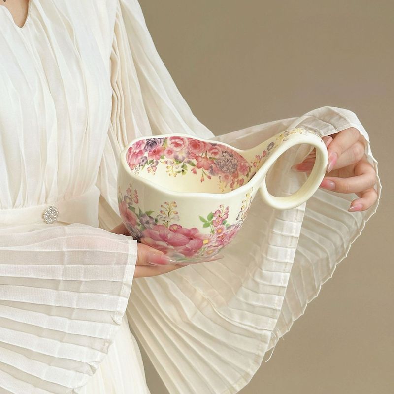 复古美式曲把杯带勺繁花似锦陶瓷马克杯沙拉杯咖啡杯碟早餐燕麦碗|undefined
