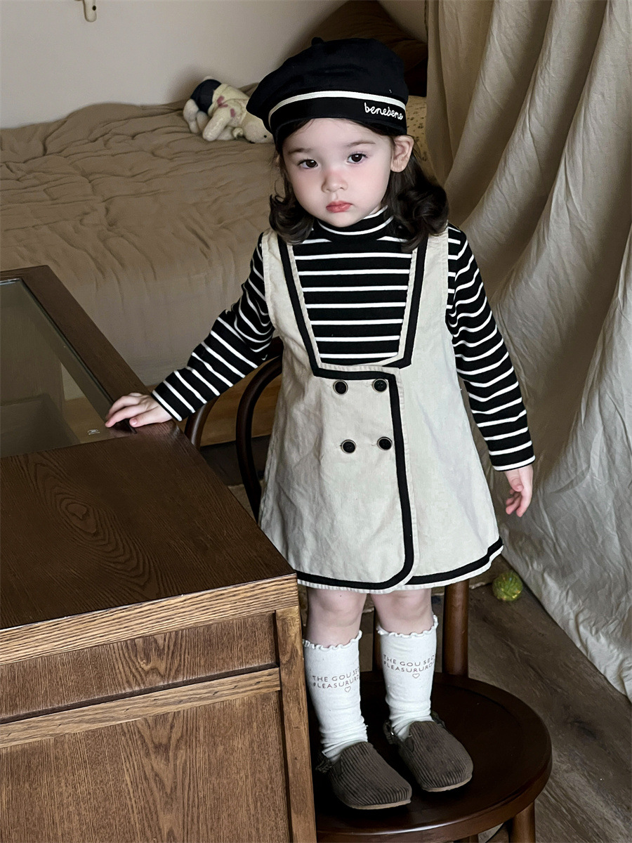 Set de otoño infantil coreano ropa infantil ropa de bebé camiseta de fondo a rayas de camisa de cordillera vestido set