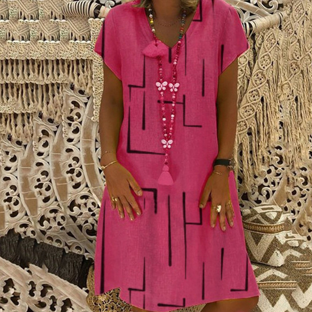 Damen-Kleiderlinie, einfarbig, lockerer, kurzärmliger Rock mit V-Ausschnitt_voghion.com