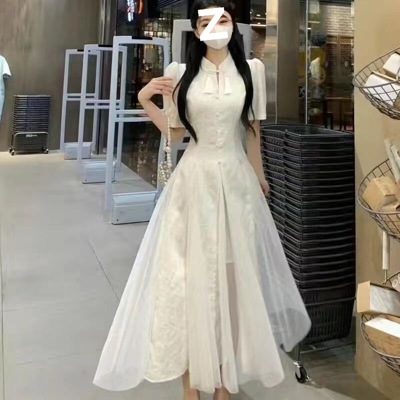 中式国风网纱旗袍连衣裙改良轻熟夏季复古风设计蓬蓬气质长裙|undefined