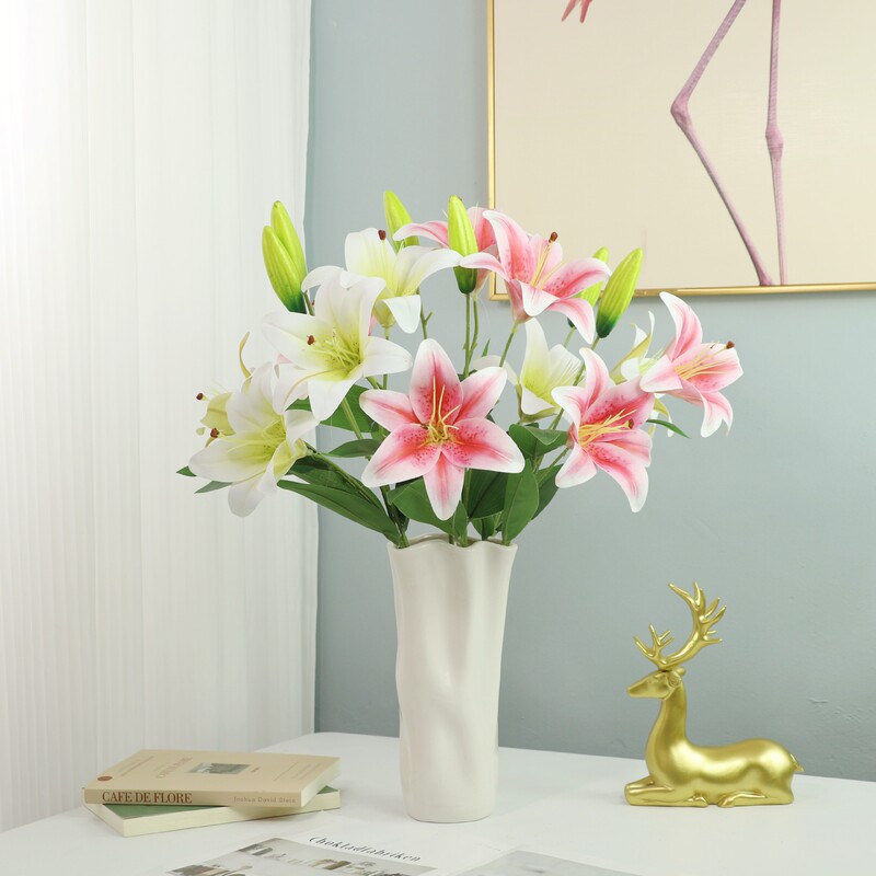 3D Feel 2 Flowers 1 Bud Lily Artificial Flower Living Room Fake Flower Peony Rod High-grade Plastic Flower Dining Table Light Luxury Pendulum