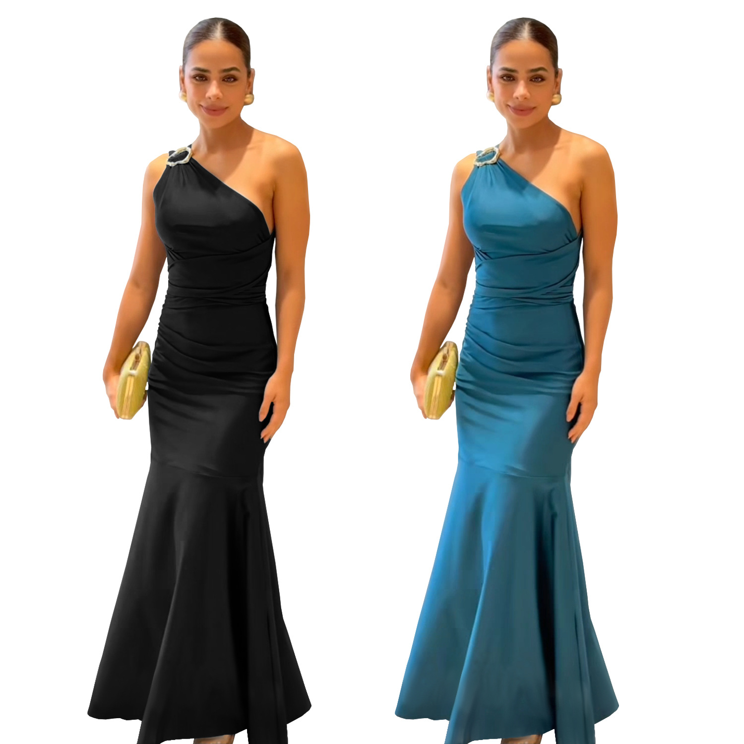 C7553 Aliexpress transfronterizo Amazon Europa y América de moda moda femenina temperamento elegante ajustado color sólido vestido de cola de pescado