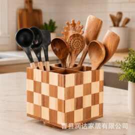 木质餐具收纳盒可旋转棋盘格刀叉筷子存储盒多格厨房工具整理