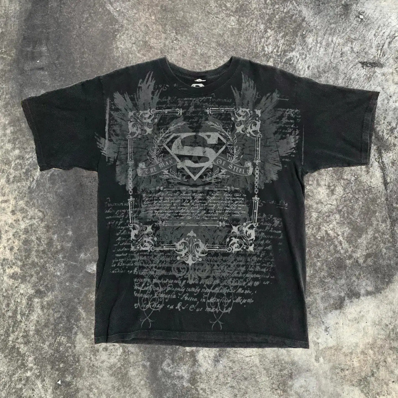 DC Comics Superman The Man of Steel T-shirt Gothic Wings Graphic Black