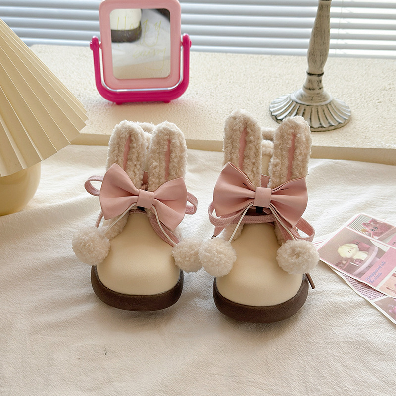 Girls' Snow Boots 2025 Winter Children's Large Cotton Shoes Beige Short Boots Cartoon Furry Shoes Big Children's Warm Cotton Shoes