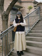 小个子早秋女复古文艺森系田园风穿搭日系叠穿马甲衬衫半身裙套装