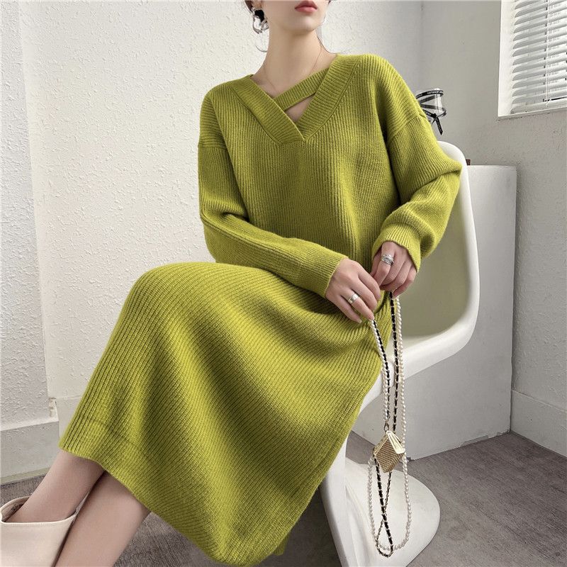 Korean Style Casual Large Size Knitted Dress 2025 Autumn and Winter New Loose Pure Color Mid-Length Over-The-Knee Sweater for Women