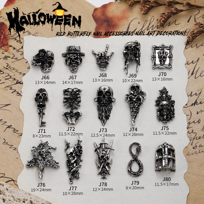 Halloween Gothic Style Nail Art Jewelry Crow Heart Cross Dark Skull Alloy Nail Jewelry Accessories