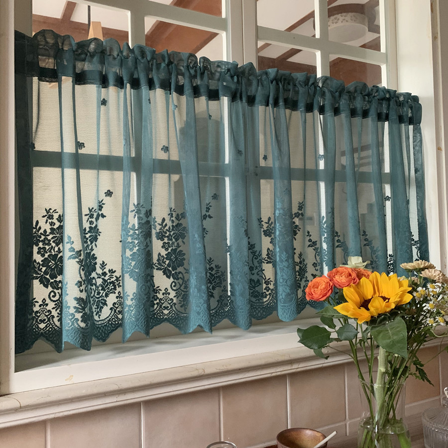 WBZ7 American-style pastoral lace hook-and-loop half curtain short curtain door curtain kitchen sheer curtain window screen finished product, no drilling required