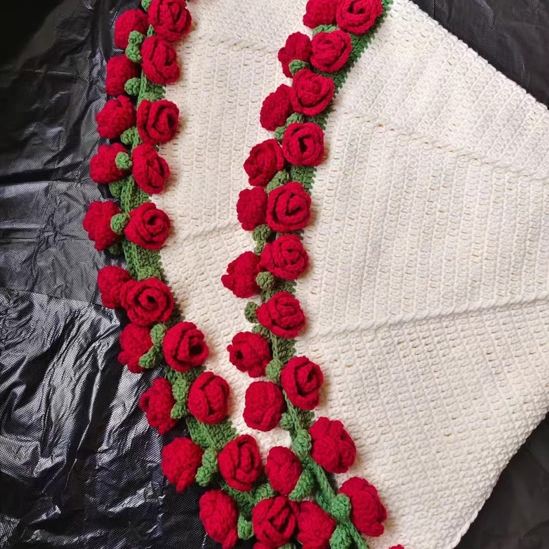 玫瑰花束毯子成品现货diy材料包铃兰花毯 毛线团手工编织毯子批发|undefined