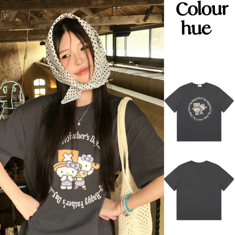 Korean Trendy Brand Colour Hue Retro Vintage Hello Kitty Cartoon Print Short-Sleeved T-Shirt Loose Top