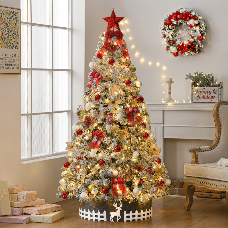 Nuevo árbol de Navidad con nieve artificial de 2.1 metros de Gangheng para uso doméstico, conjunto de árbol de Navidad con luces y decoraciones de nieve que caen.