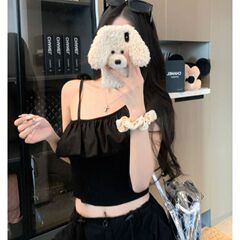 2025新款夏季性感辣妹露臍短款上衣設計感荷葉邊斜肩露肩T恤女裝